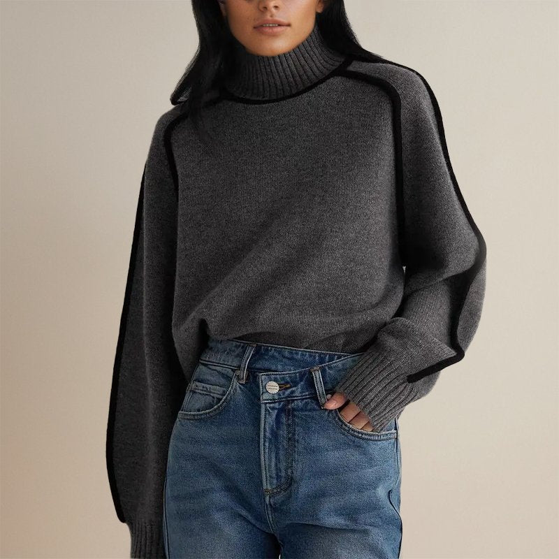 Elegant Contrast-Trim Turtleneck Knit Sweater for Women