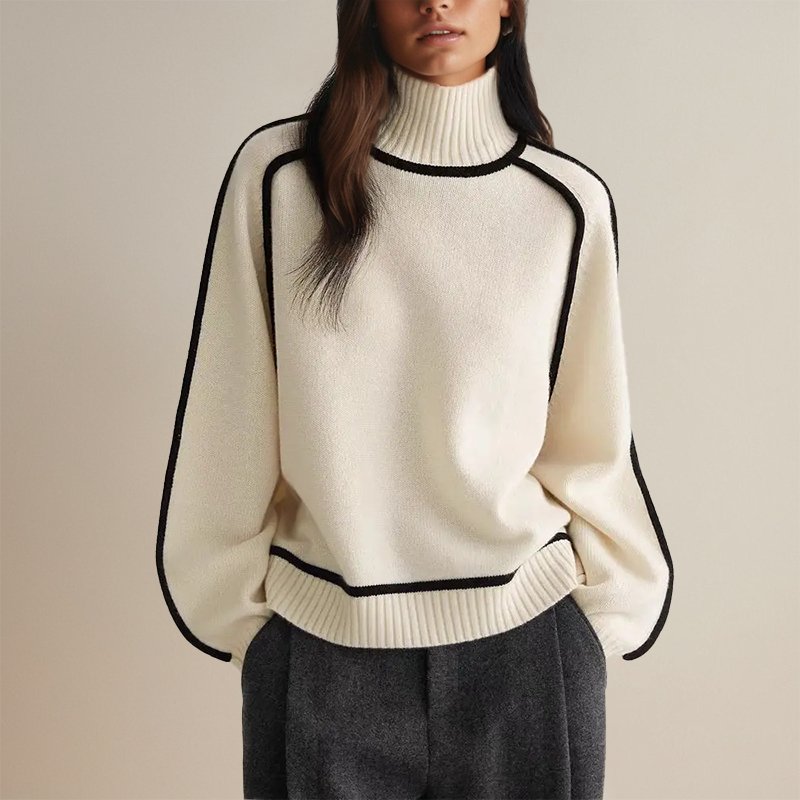 Elegant Contrast-Trim Turtleneck Knit Sweater for Women