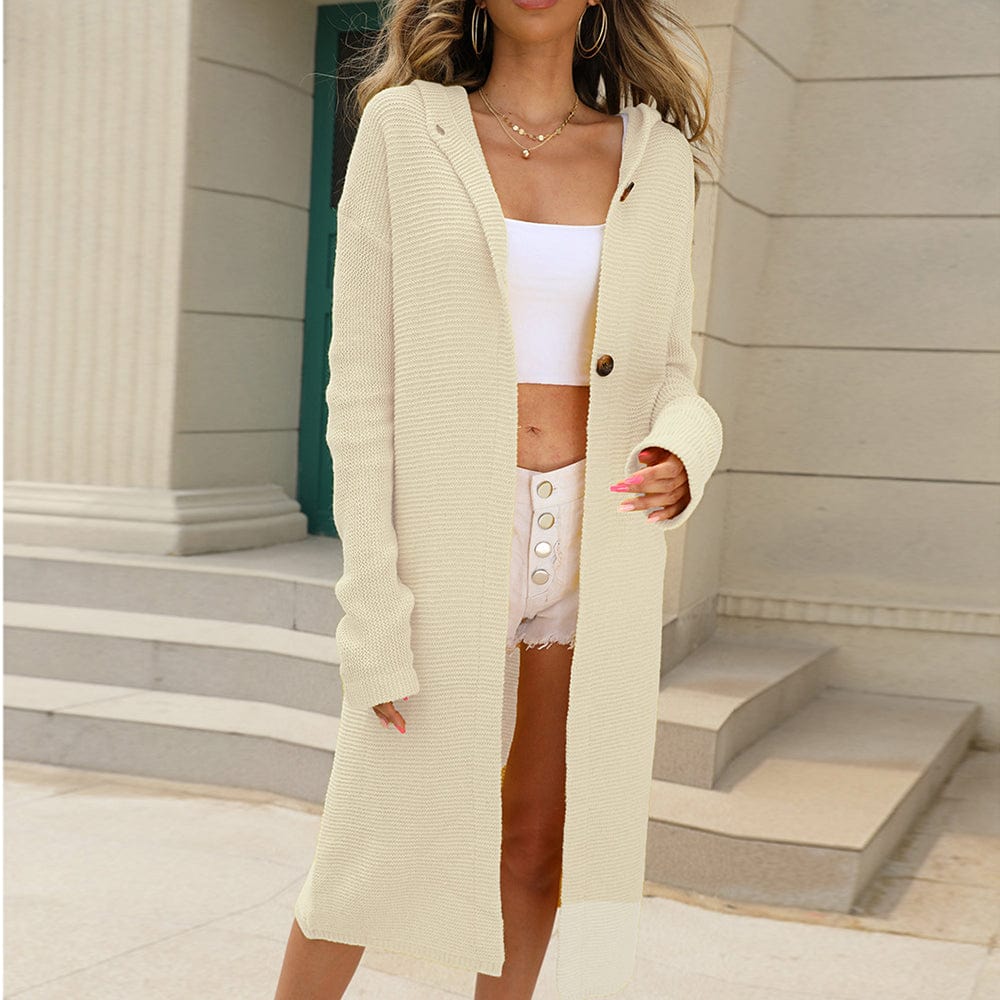 Long Hooded Knit Button Cardigan