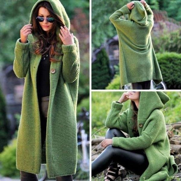 Long Hooded Knit Button Cardigan