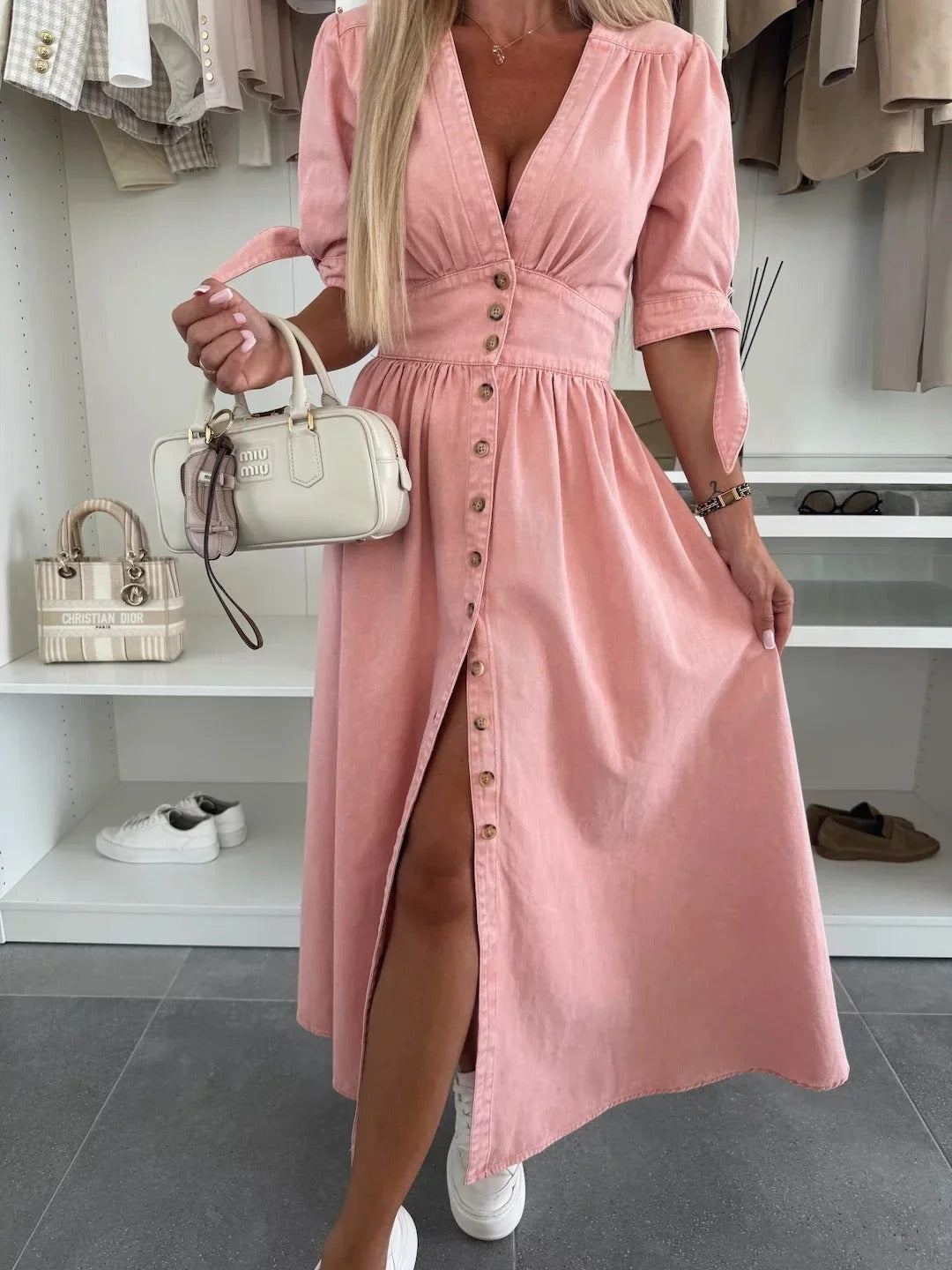 Button Front Denim Midi Dress with V-Neck and Tie Sleeves