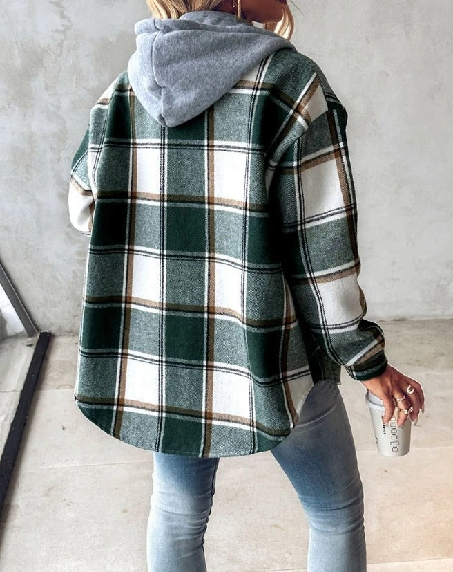 Women’s Hooded Plaid Button-Up Shacket