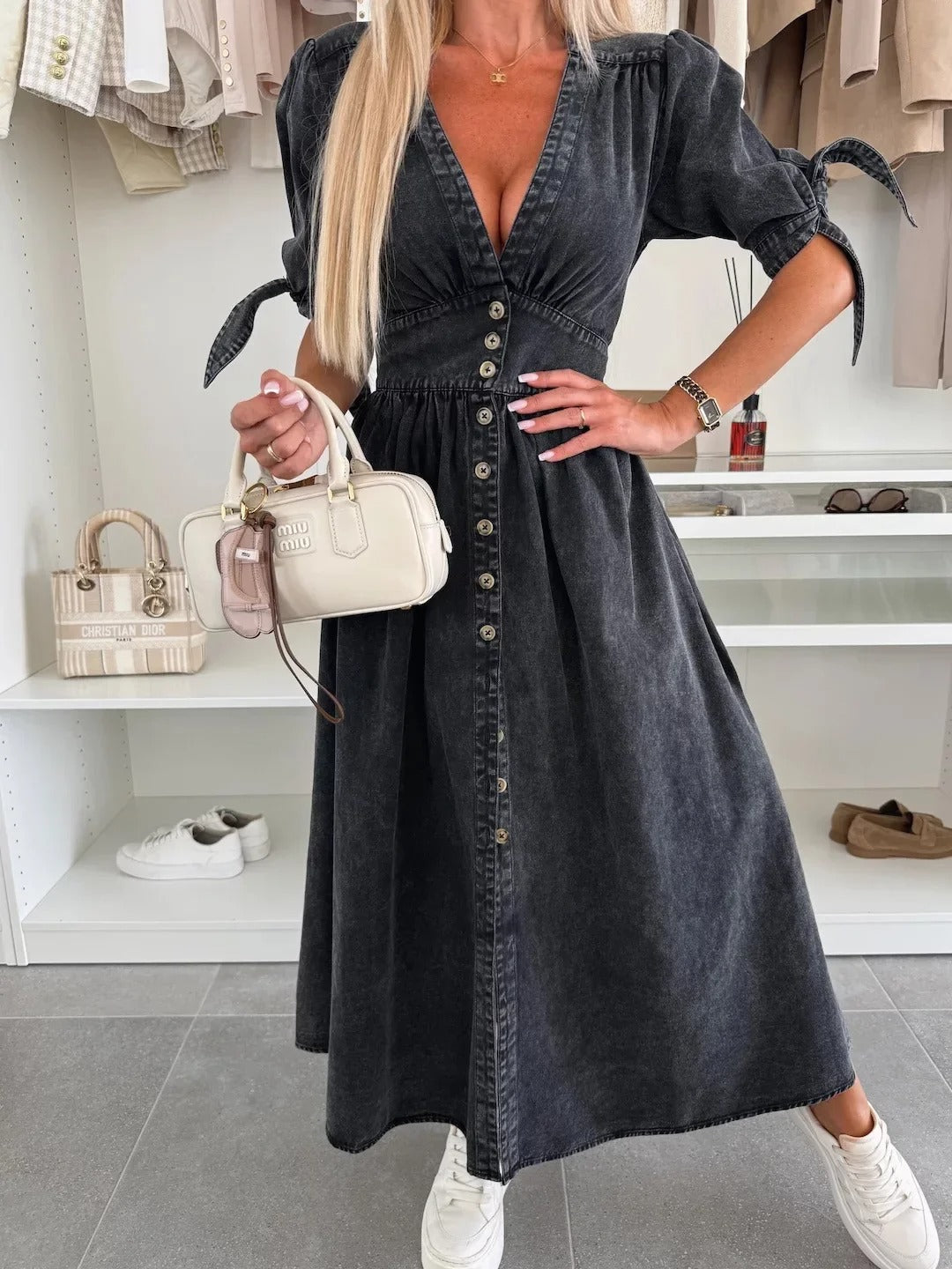 Button Front Denim Midi Dress with V-Neck and Tie Sleeves