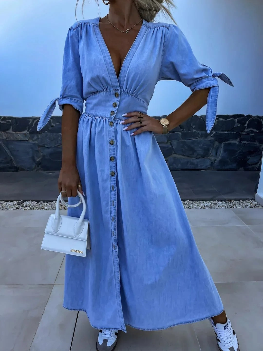 Button Front Denim Midi Dress with V-Neck and Tie Sleeves