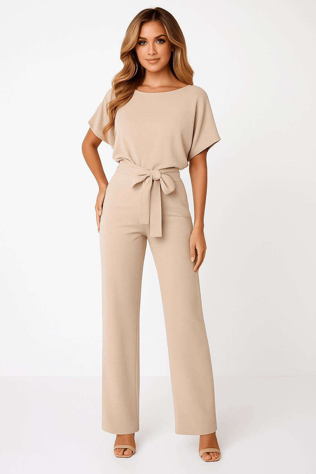 Short Sleeve Belted Wide-Leg Jumpsuit