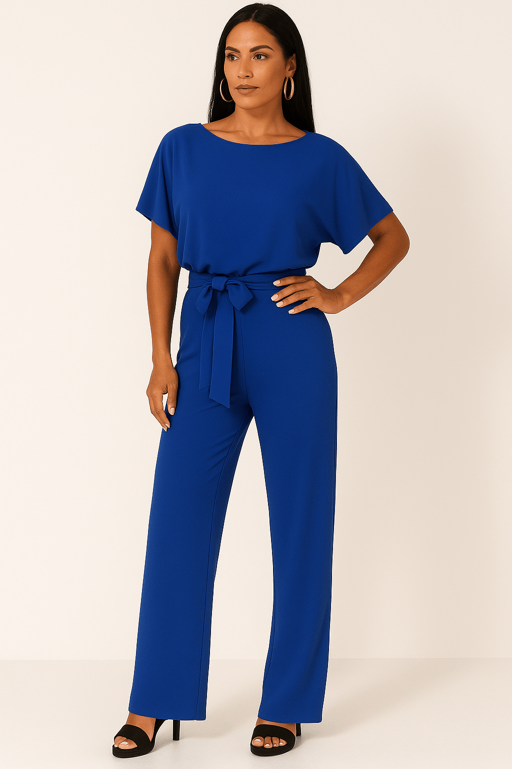 Short Sleeve Belted Wide-Leg Jumpsuit