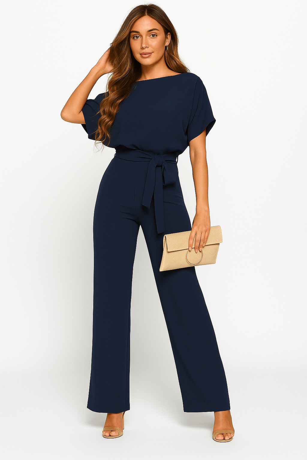 Short Sleeve Belted Wide-Leg Jumpsuit