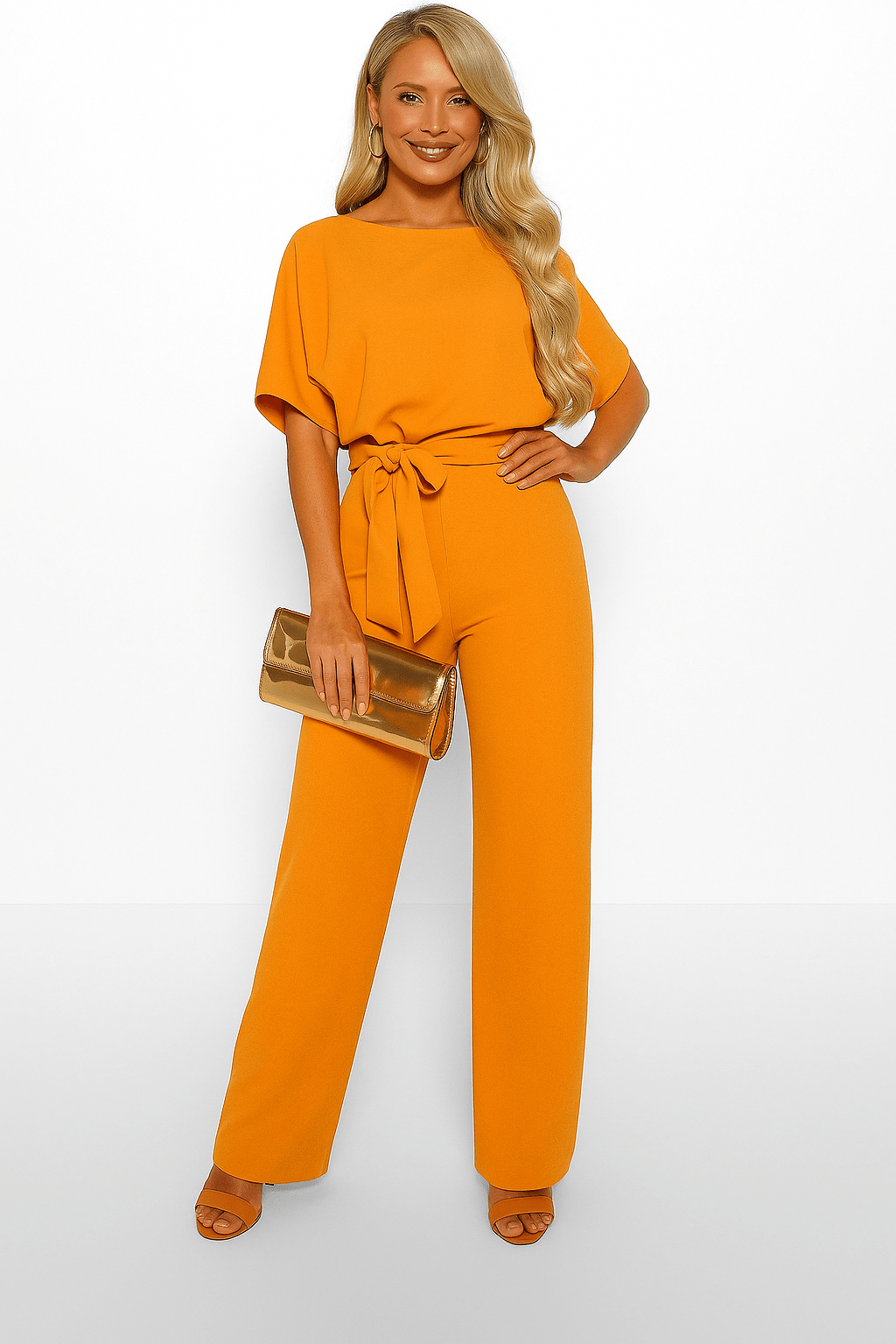 Short Sleeve Belted Wide-Leg Jumpsuit