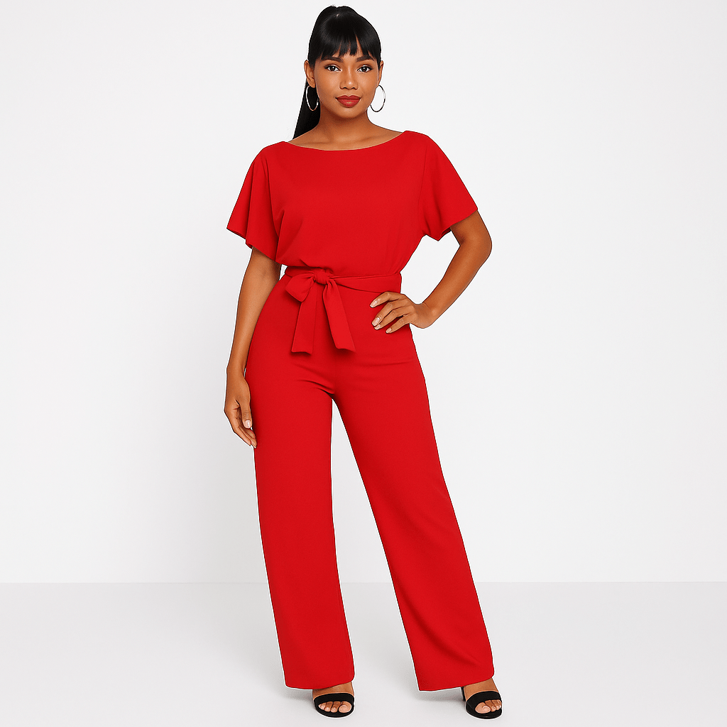 Short Sleeve Belted Wide-Leg Jumpsuit