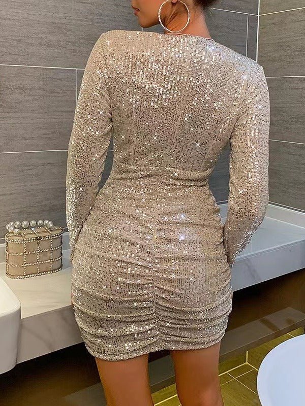 Sequin V Neck Long Sleeve Mini Dress for Glamorous Evenings