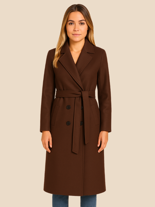 Women’s Long Belted Double-Breasted Wool Trench Coat