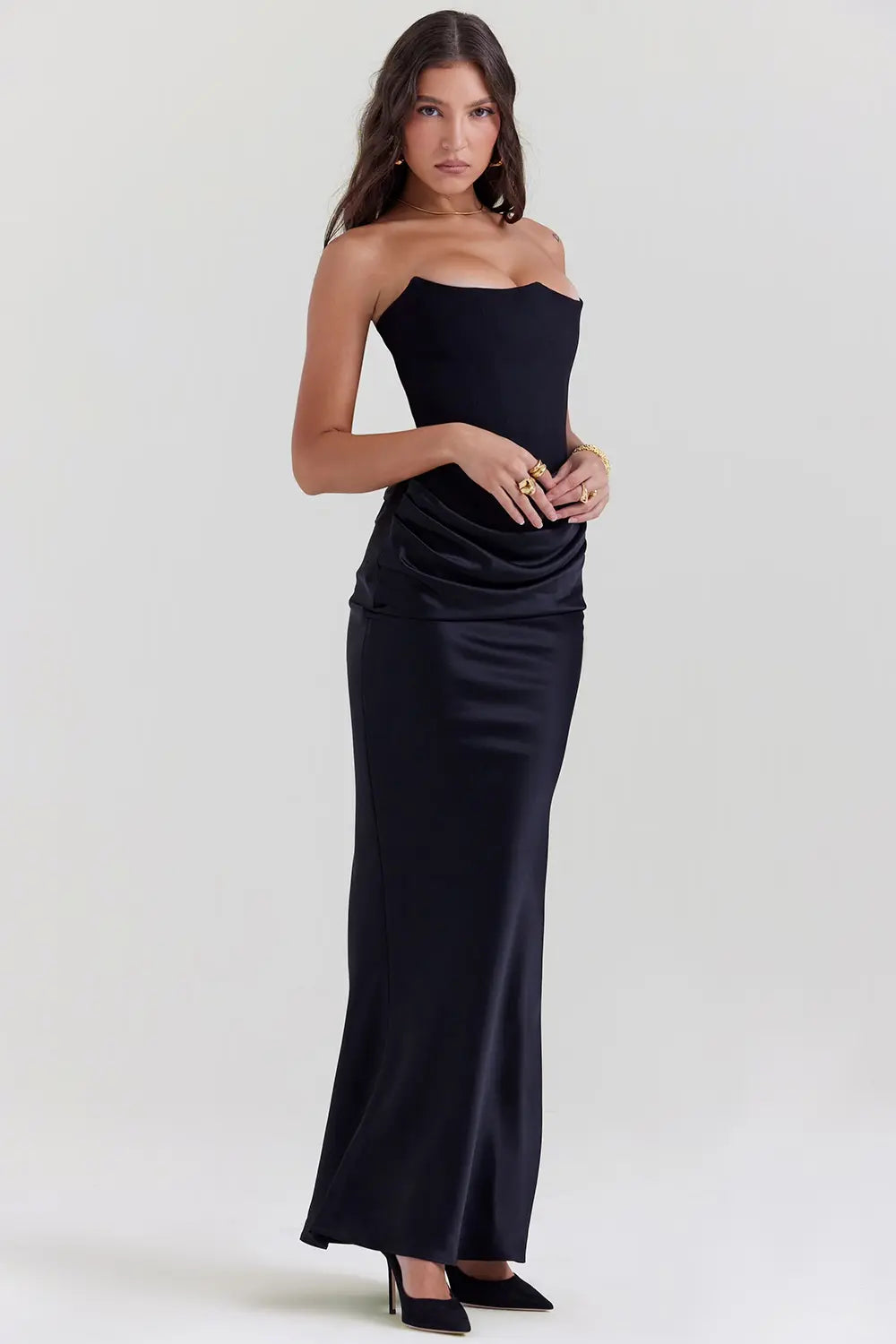 Strapless Ruched Satin Bodycon Maxi Dress