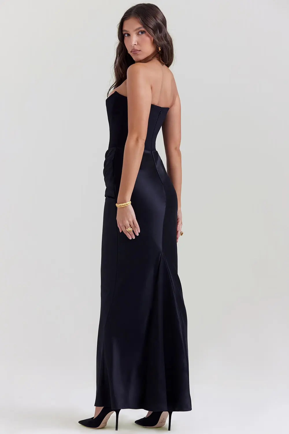 Strapless Ruched Satin Bodycon Maxi Dress