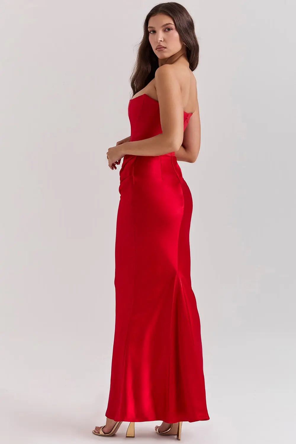Strapless Ruched Satin Bodycon Maxi Dress