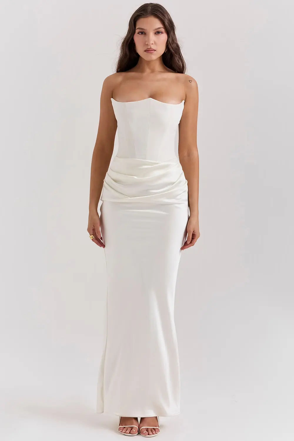 Strapless Ruched Satin Bodycon Maxi Dress