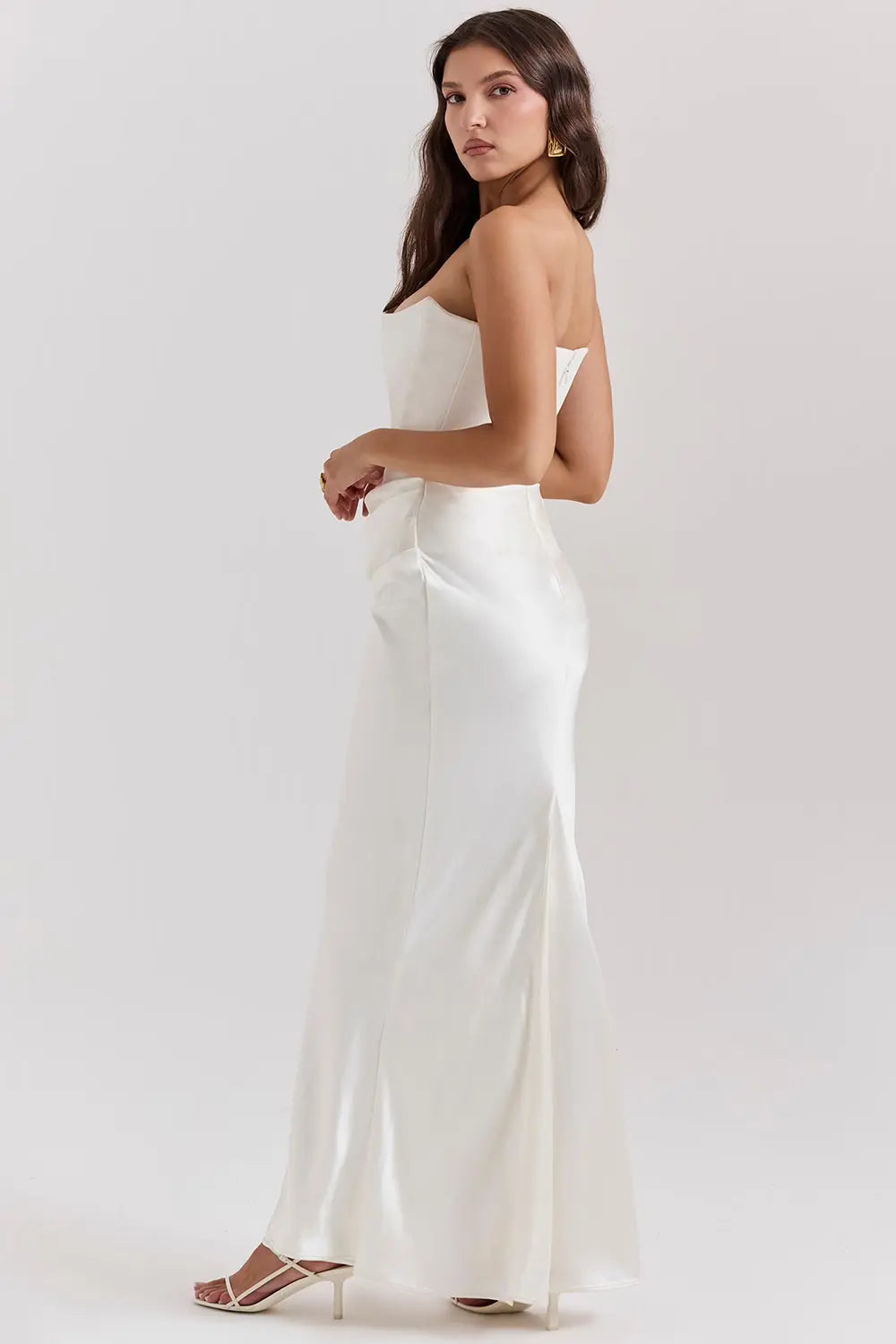 Strapless Ruched Satin Bodycon Maxi Dress