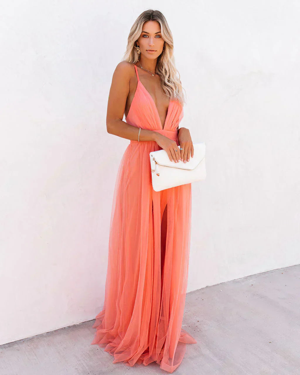 Flowy Backless Chiffon Maxi Dress with Deep V Neck