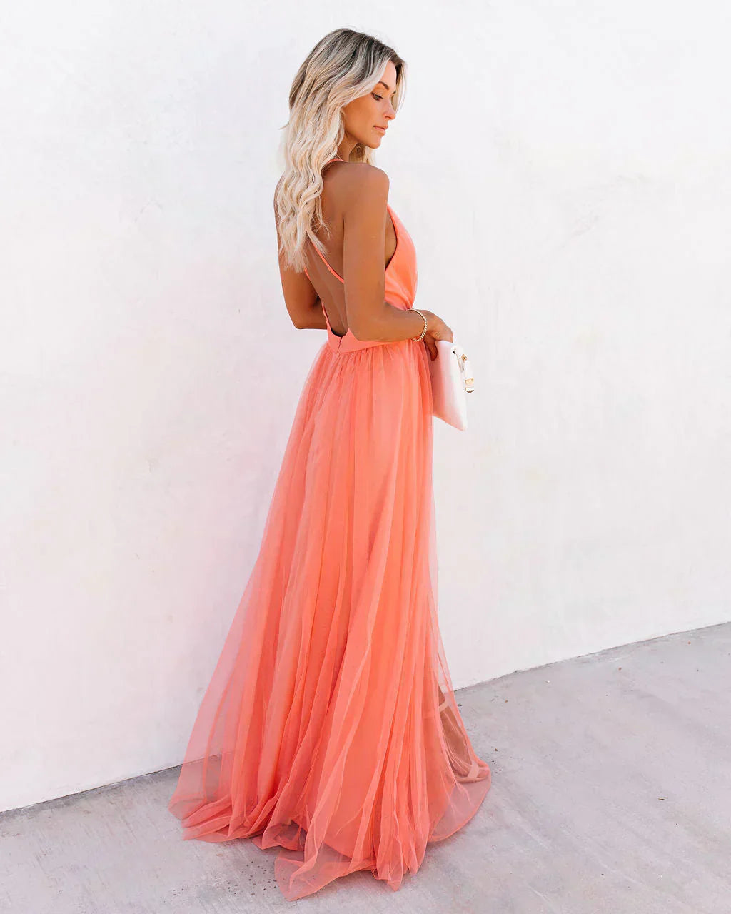 Flowy Backless Chiffon Maxi Dress with Deep V Neck