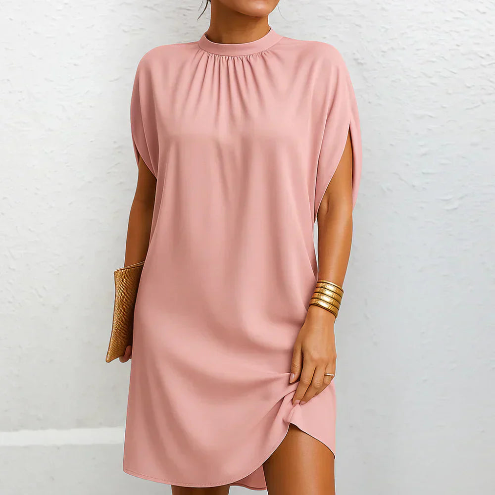 Elegant High-Neck Short-Sleeve Loose Women’s Dress