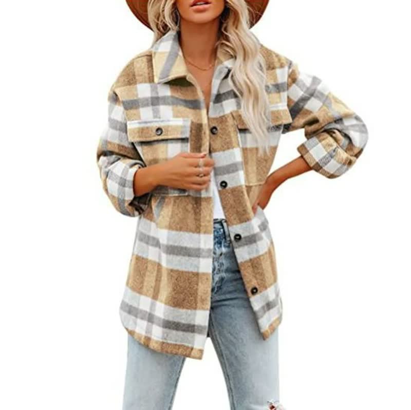 Oversized Plaid Button-Up Shacket for Women