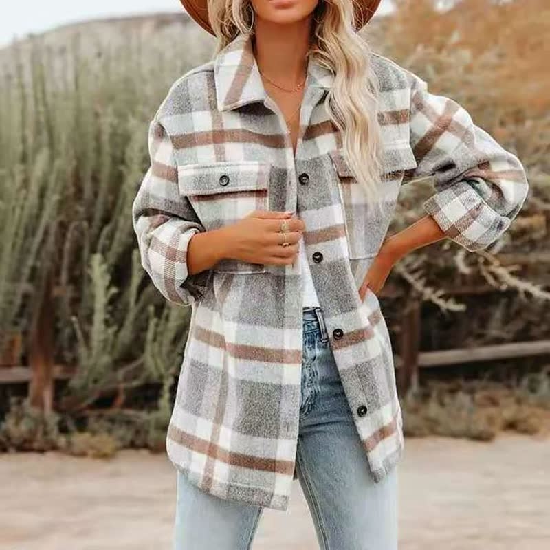 Oversized Plaid Button-Up Shacket for Women