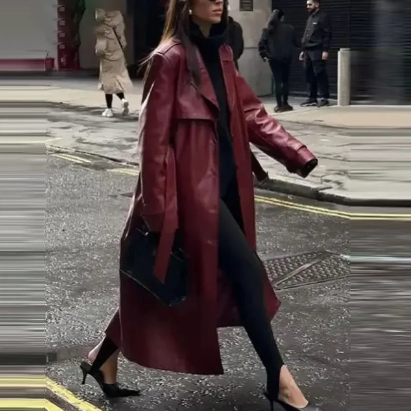 Long Faux Leather Trench Coat for Women
