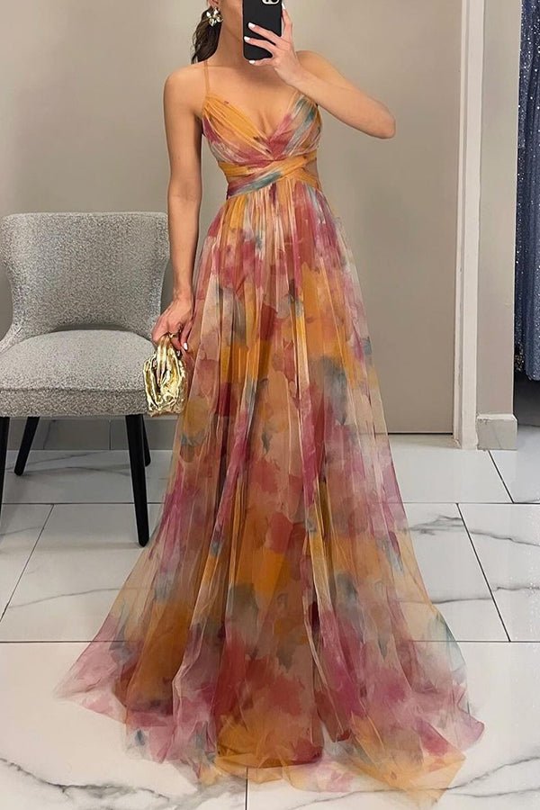 Flowy Multi-Color Chiffon Maxi Dress with Draped Bodice