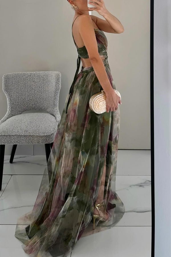Elegant Strapless Floral Chiffon Maxi Gown with Flowing Skirt