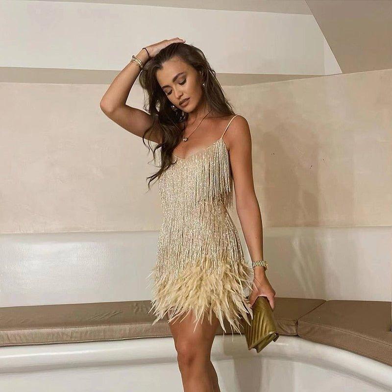 Sequin Feather Trim Spaghetti Strap Mini Dress for Party Glam