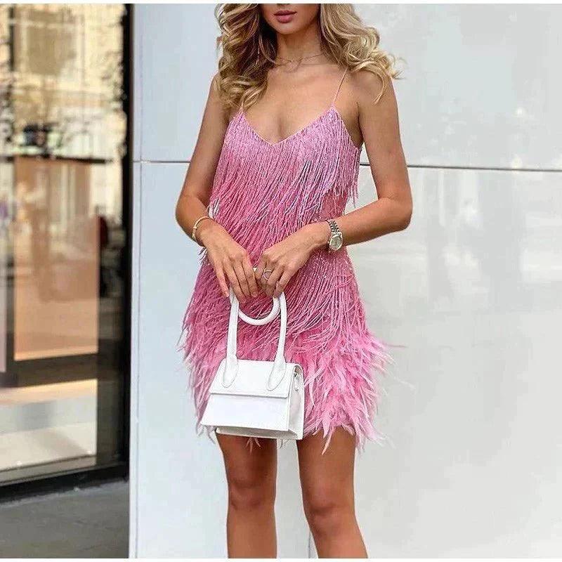 Sequin Feather Trim Spaghetti Strap Mini Dress for Party Glam