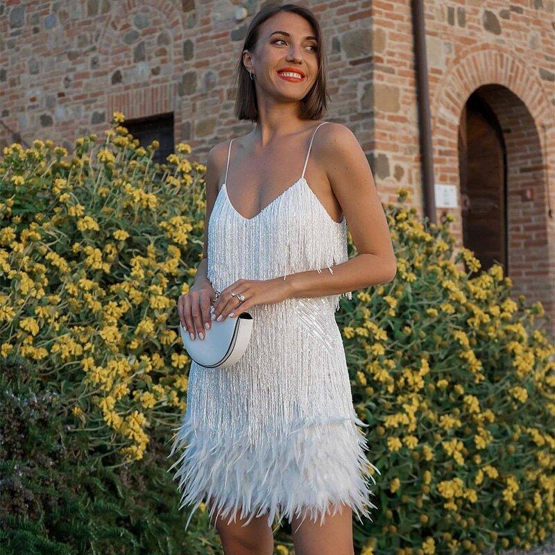 Sequin Feather Trim Spaghetti Strap Mini Dress for Party Glam