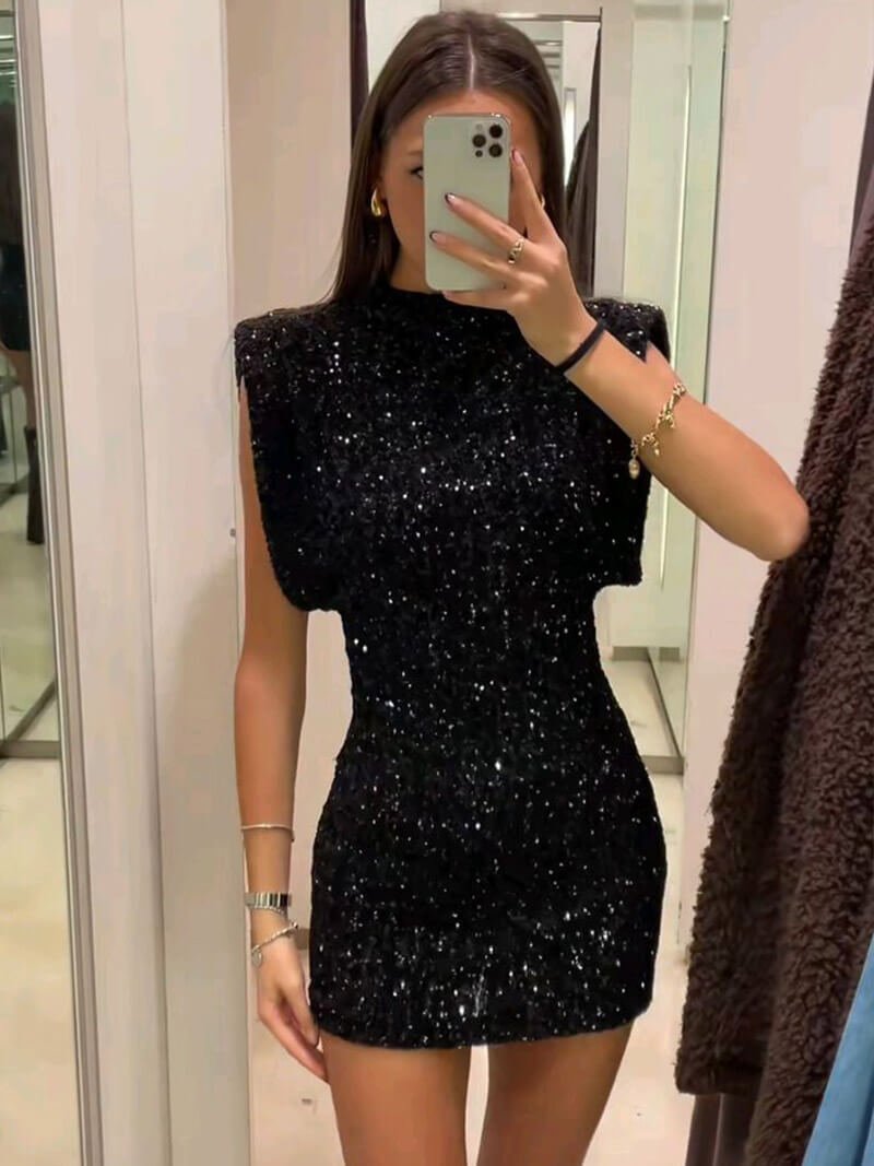 Black Sequin Sleeveless Mini Party Dress