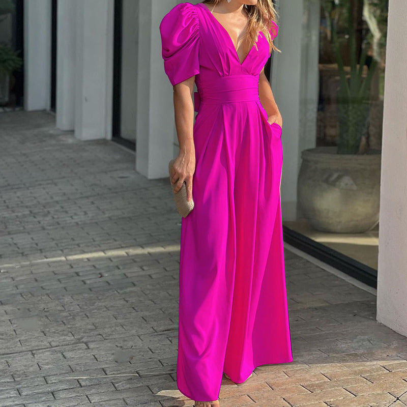 V-Neck Puff Sleeve Wide-Leg Jumpsuit