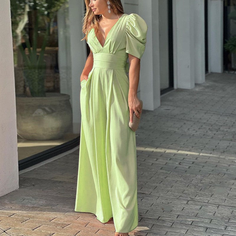 V-Neck Puff Sleeve Wide-Leg Jumpsuit