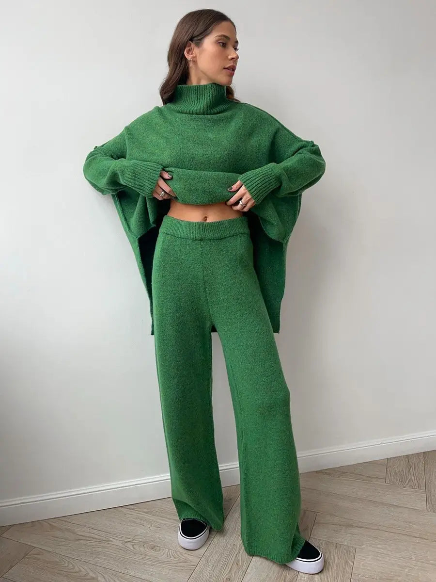 Women’s High-Neck Knit Lounge Set with Wide-Leg Pants