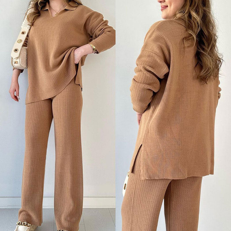 Elegant Ribbed Knit Two-Piece Sweater and Wide-Leg Pants Set