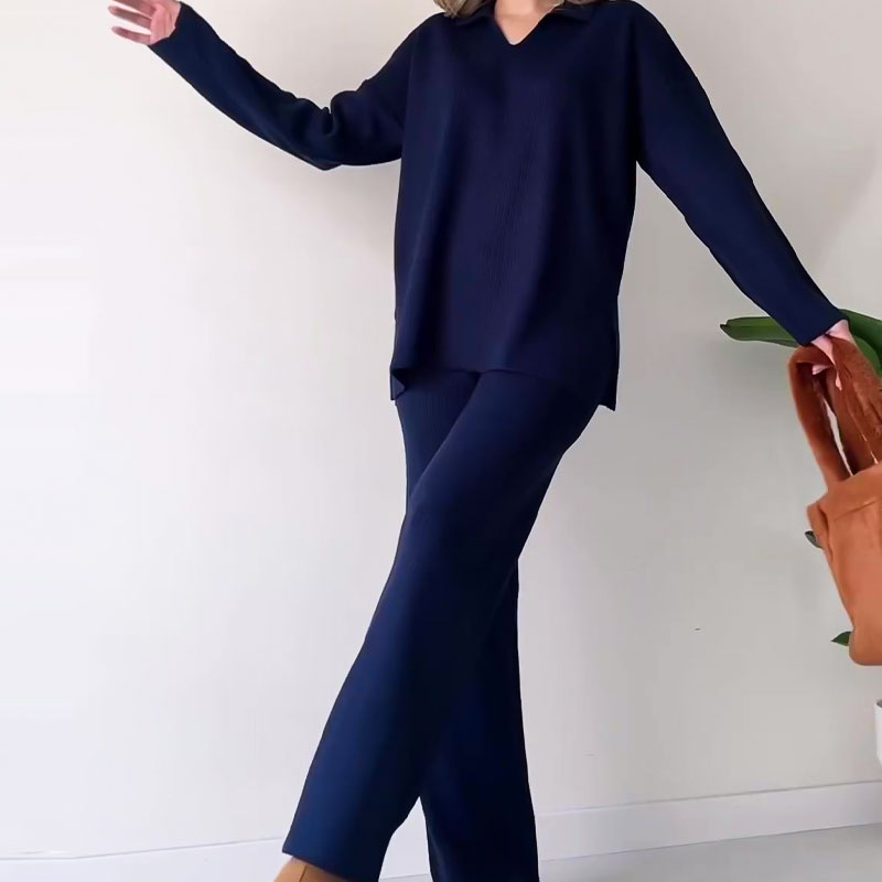 Elegant Ribbed Knit Two-Piece Sweater and Wide-Leg Pants Set
