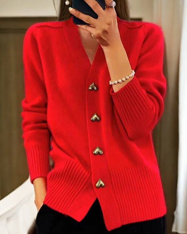 V-Neck Knit Cardigan with Gold Heart Buttons