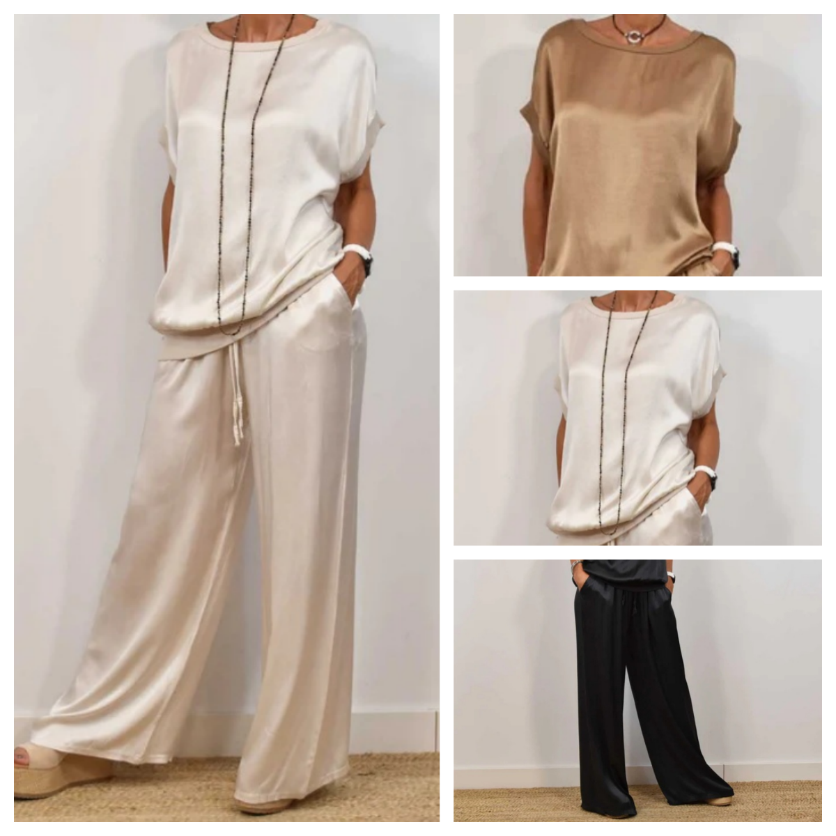 Elegant Satin Two-Piece Top and Wide-Leg Pants Set for Effortless Chic
