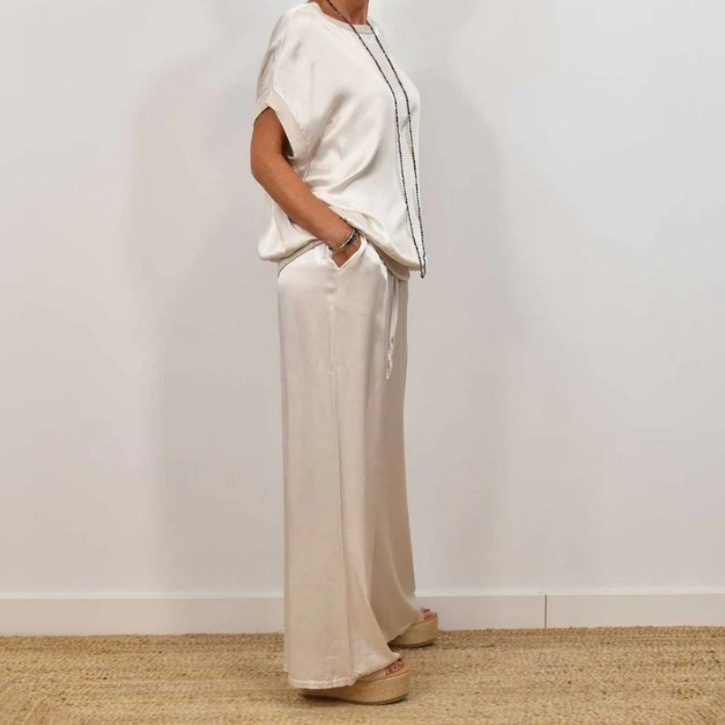 Elegant Satin Two-Piece Top and Wide-Leg Pants Set for Effortless Chic