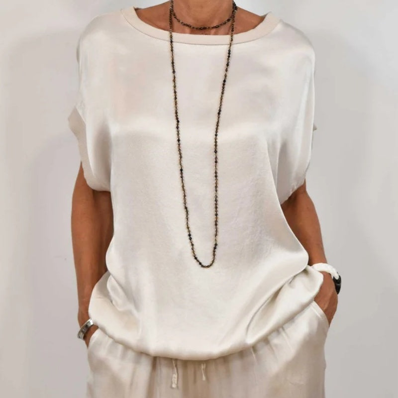 Elegant Satin Two-Piece Top and Wide-Leg Pants Set for Effortless Chic