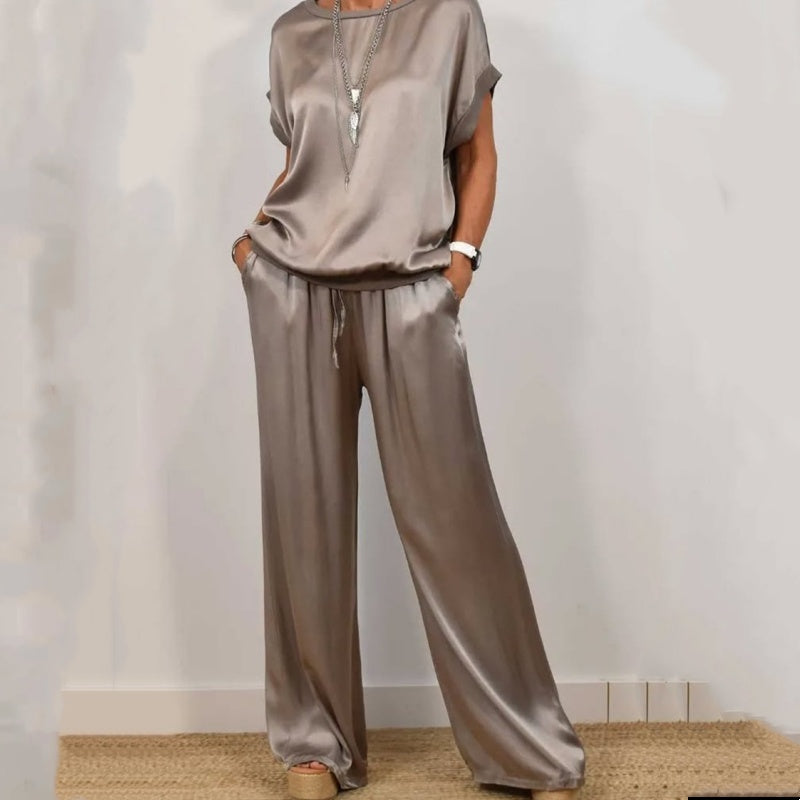 Elegant Satin Two-Piece Top and Wide-Leg Pants Set for Effortless Chic