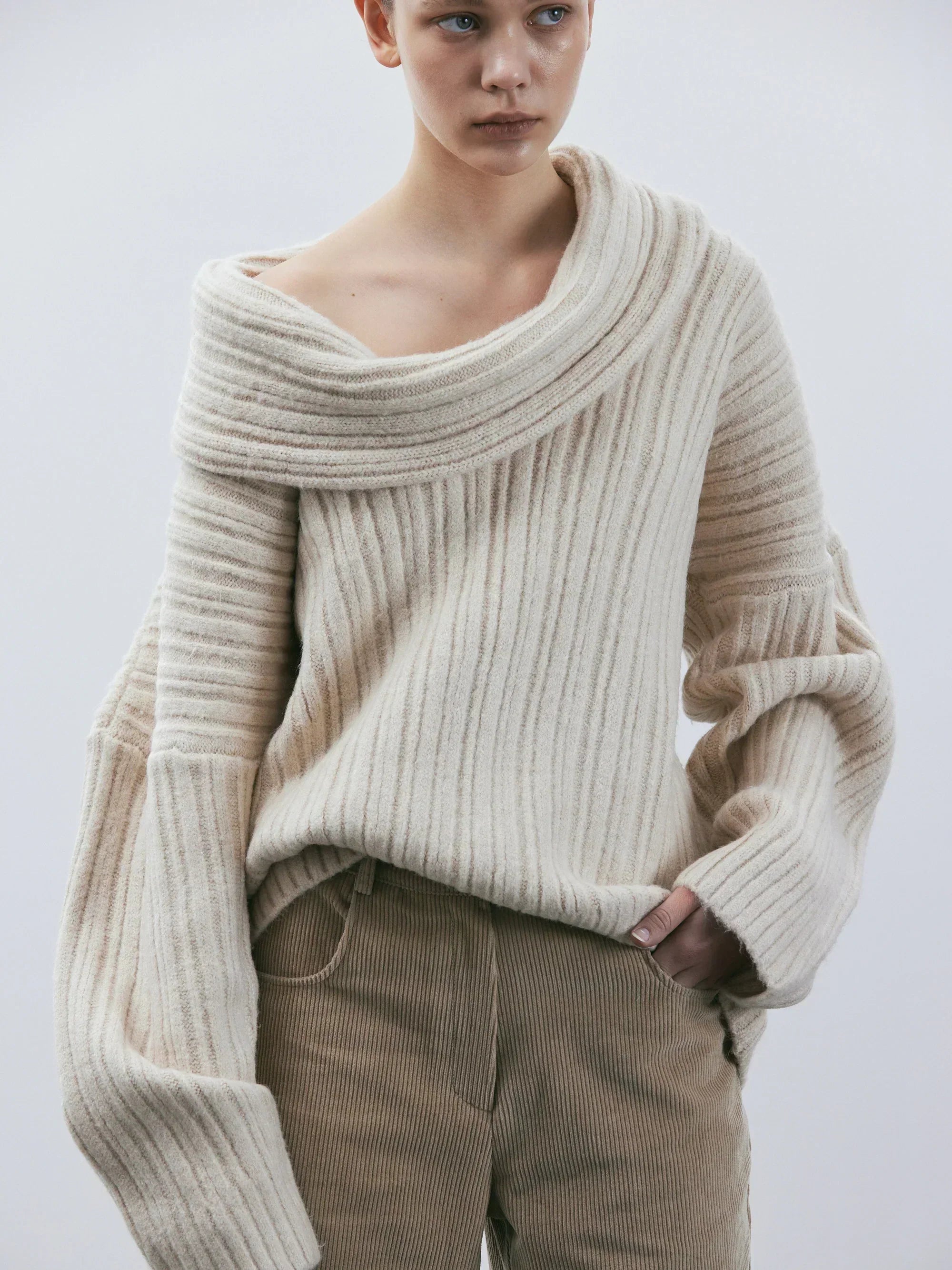 Off-Shoulder Ribbed Knit Sweater – Cozy Slouchy Pullover