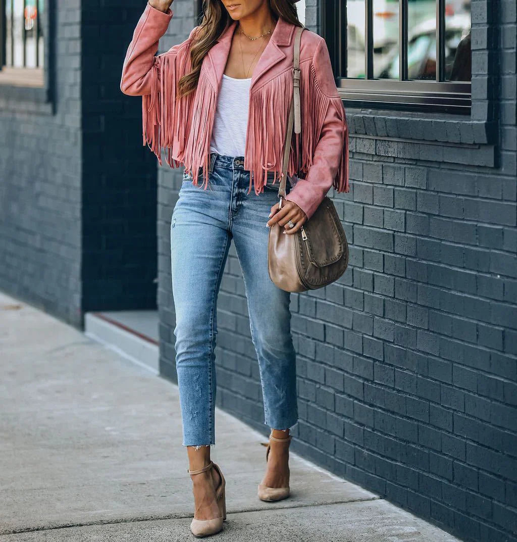 Suede Fringe Biker Jacket for Women