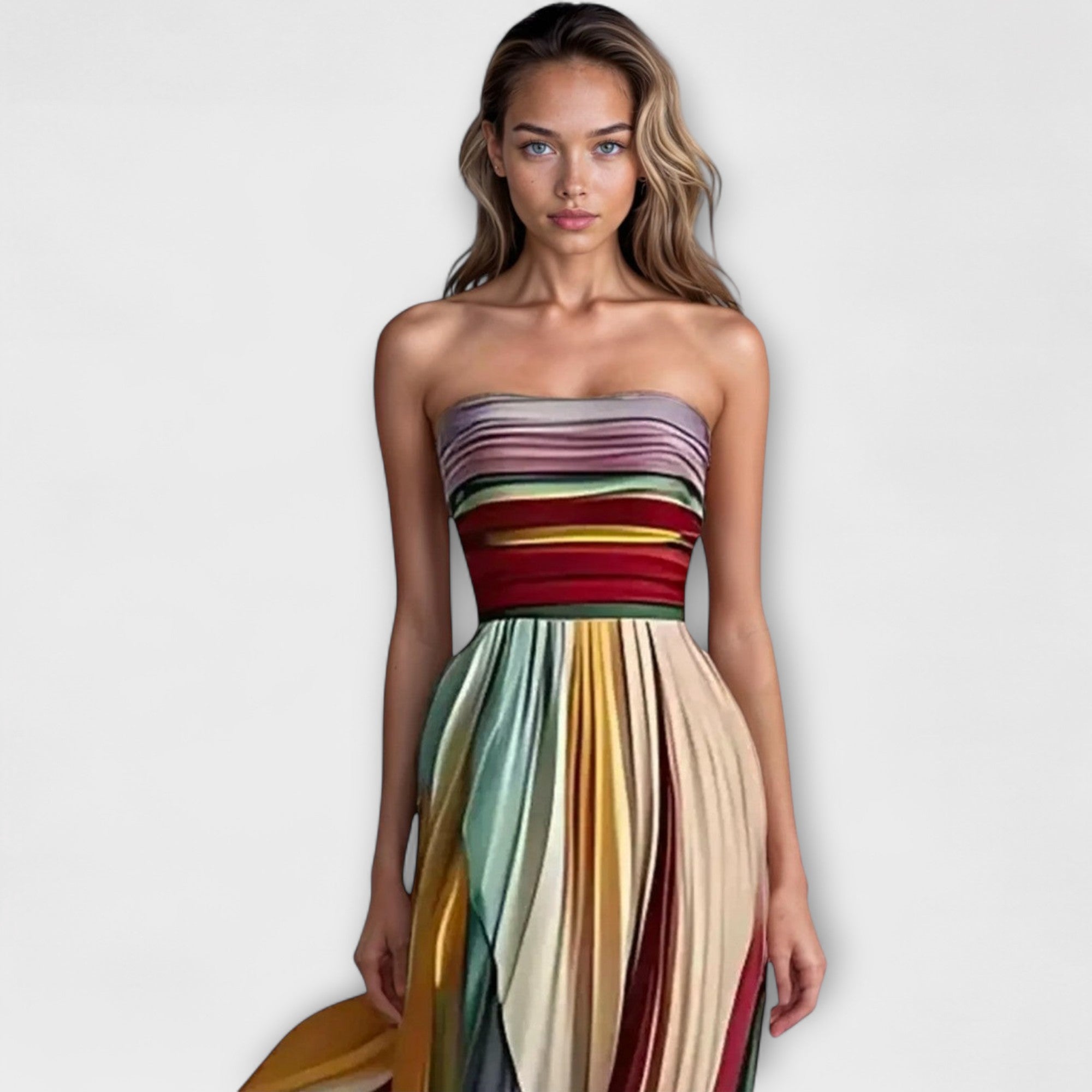 Elegant Strapless Multi-Color Pleated Maxi Dress