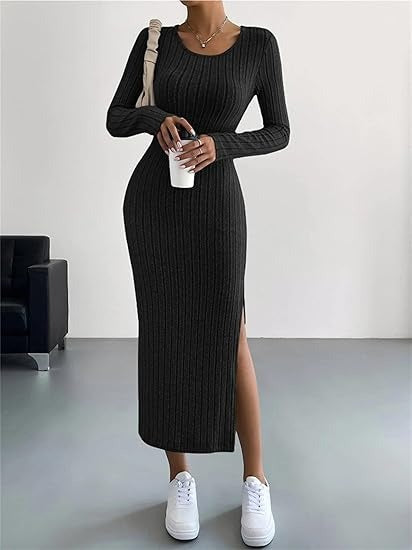 Long Sleeve Ribbed Knit Maxi Dress for Effortless Comfort