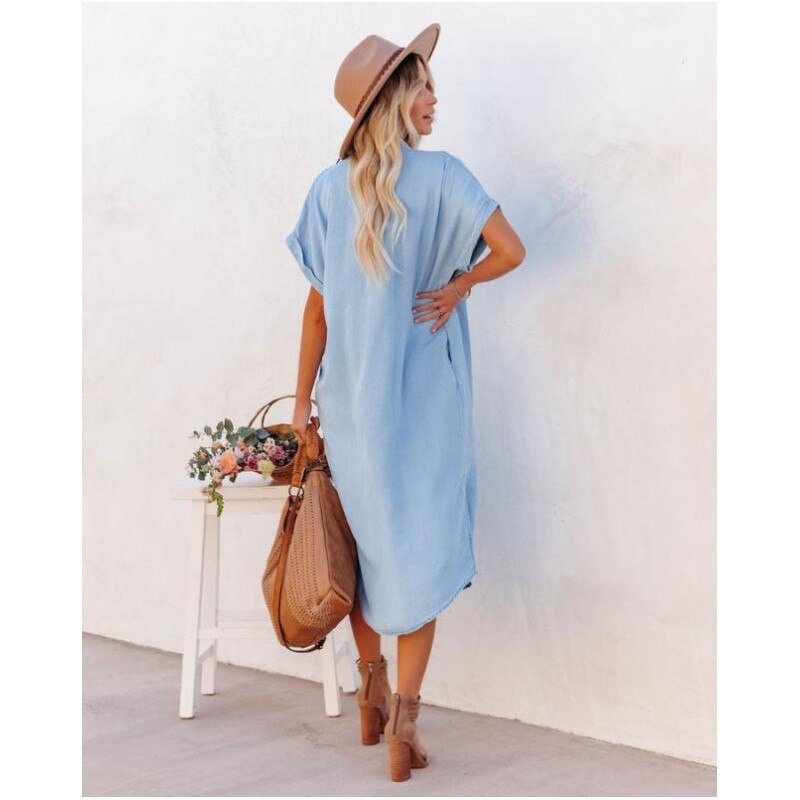 Short Sleeve Button Front Denim Midi Dress for Everyday Comfort