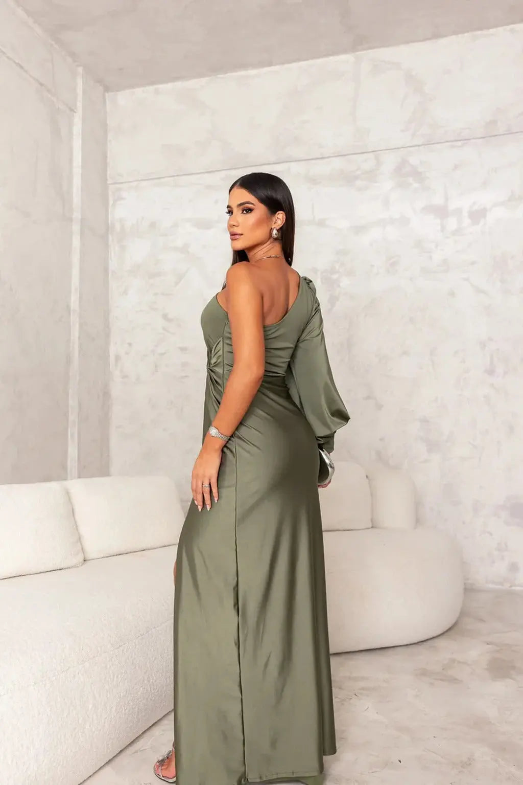 One Shoulder Satin Draped Maxi Evening Dress