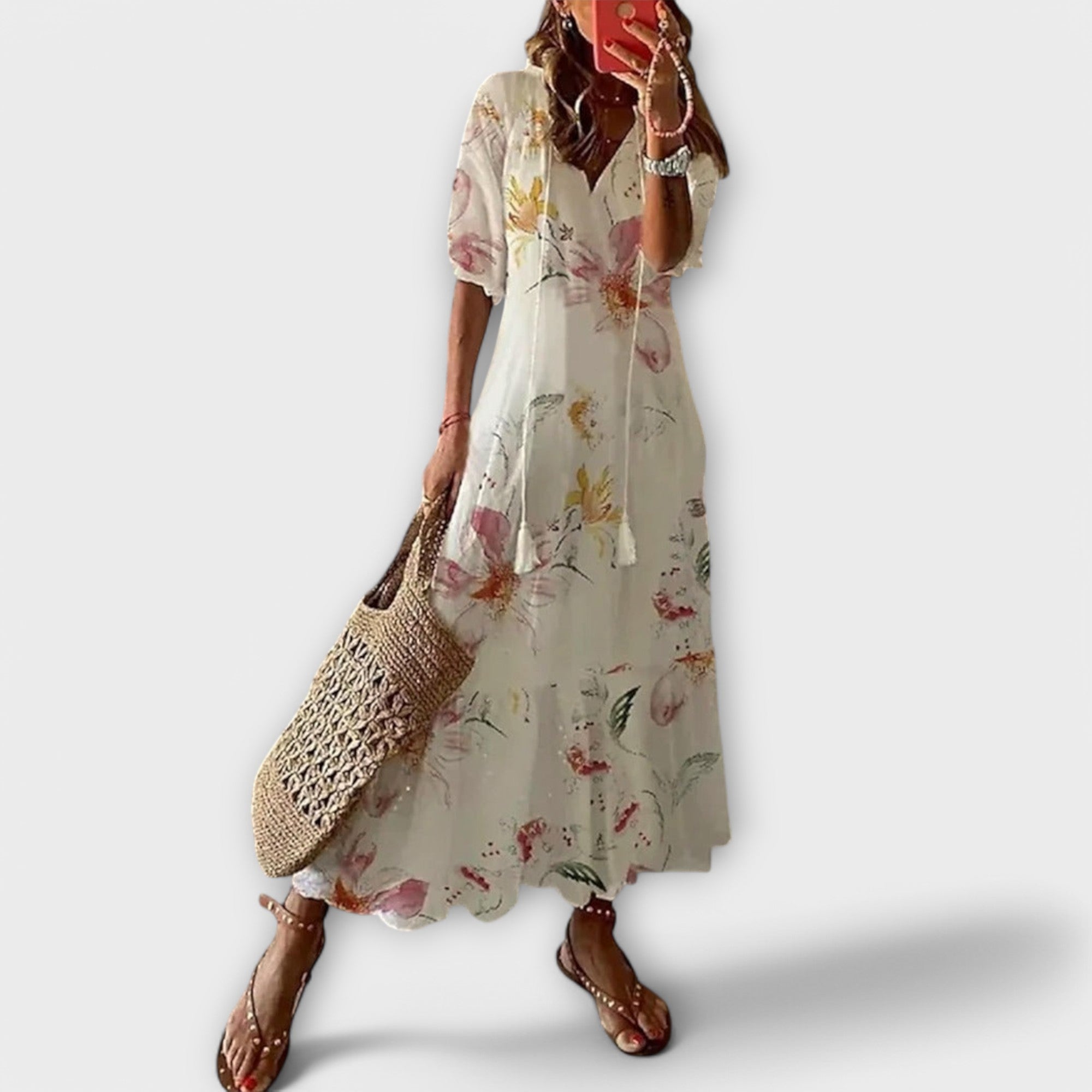 Boho Print Short Sleeve Flowy Midi Dress