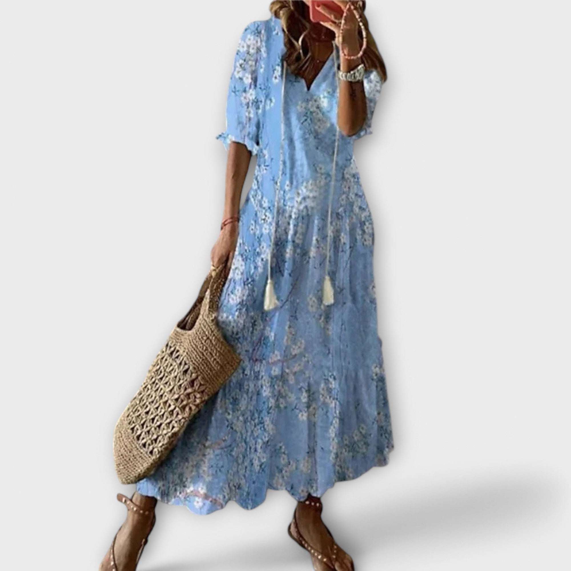 Boho Print Short Sleeve Flowy Midi Dress